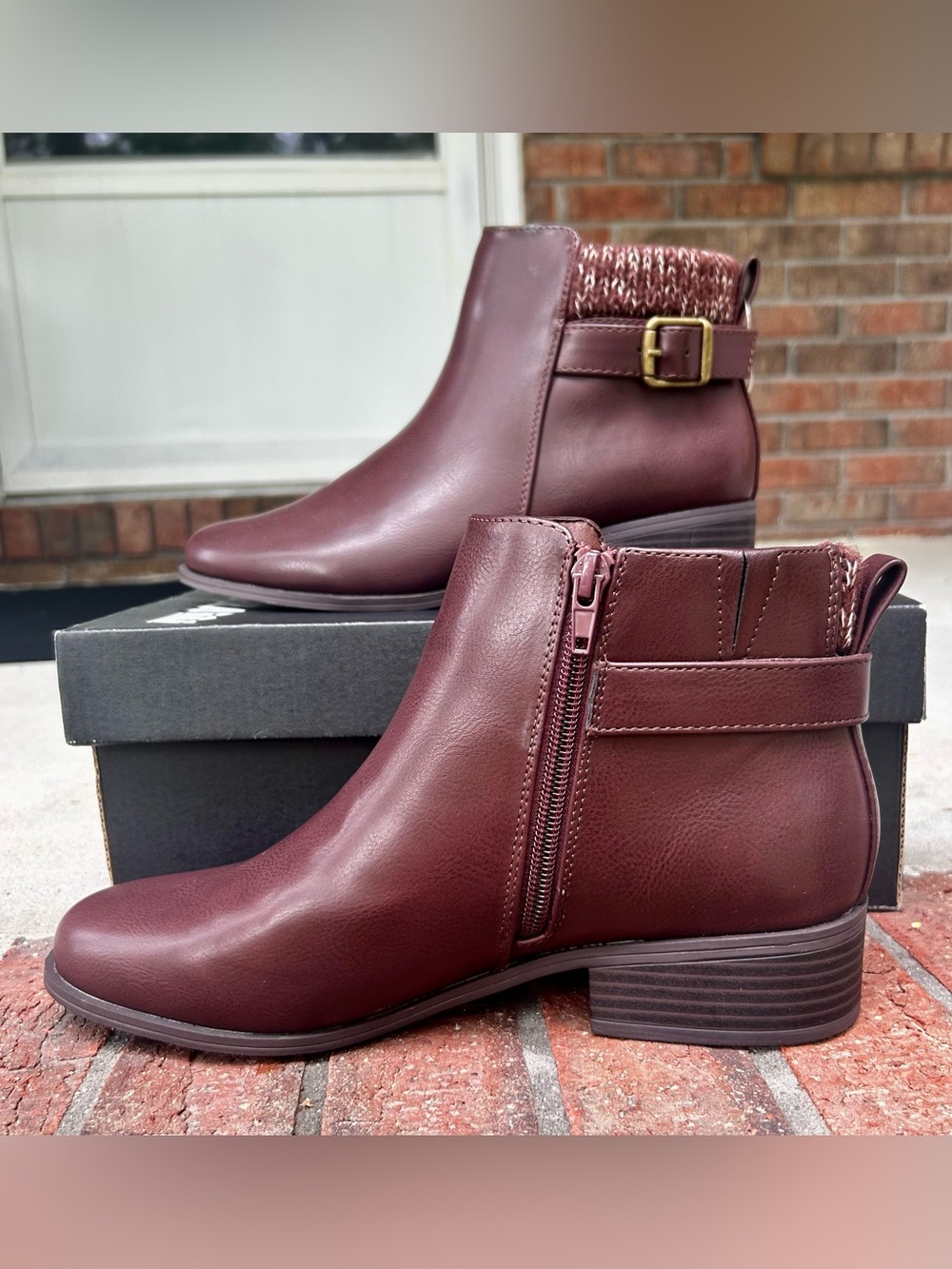 Maurices Brown Ankle Bootie with Knit Collar and Buckle